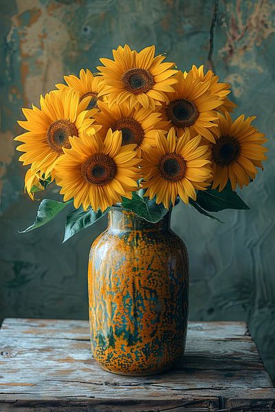 Strahlende Sonnenblumen in Rustikaler Vase auf Holztisch