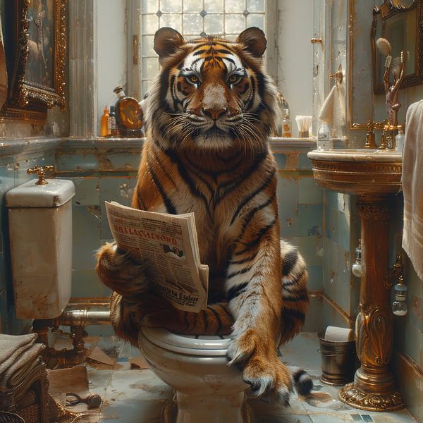 Tiger Liest Zeitung Auf Toilette in Lustigem Badezimmer