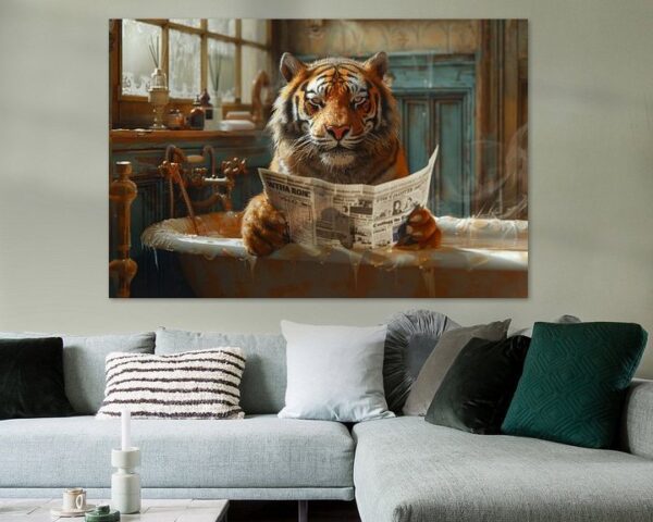 Tiger Liest Zeitung in Retro Badezimmer