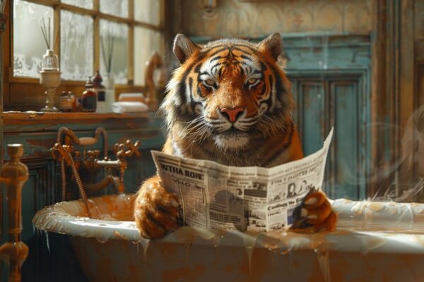 Tiger Liest Zeitung in Retro Badezimmer