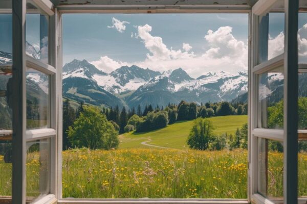 Bergblick durch Fenster