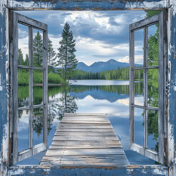 Bergsee-Landschaft durchs Fenster