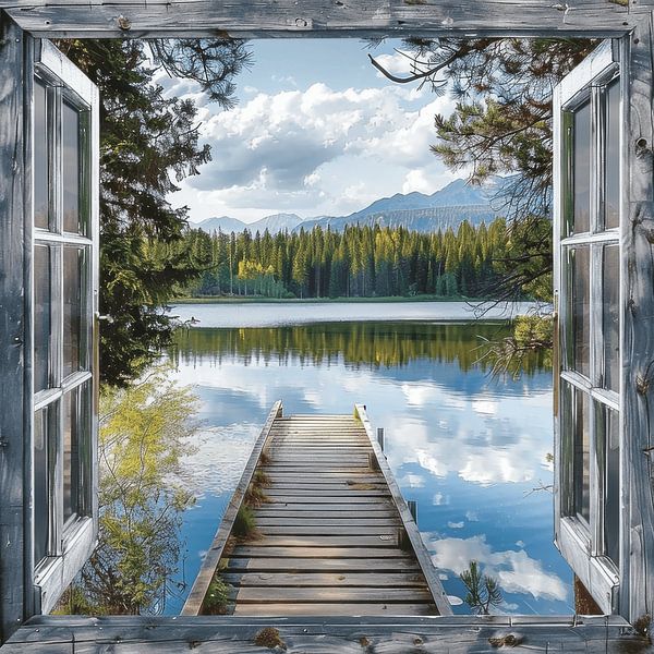 Bergsee-Landschaft durchs Fenster