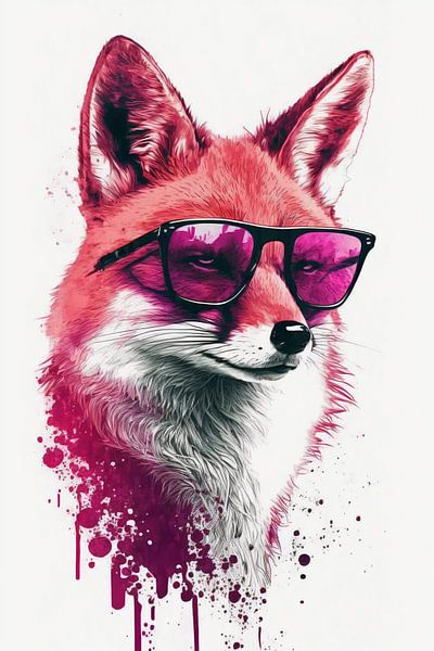 Cooler Fuchs mit Pinker Sonnenbrille und Wasserfarben