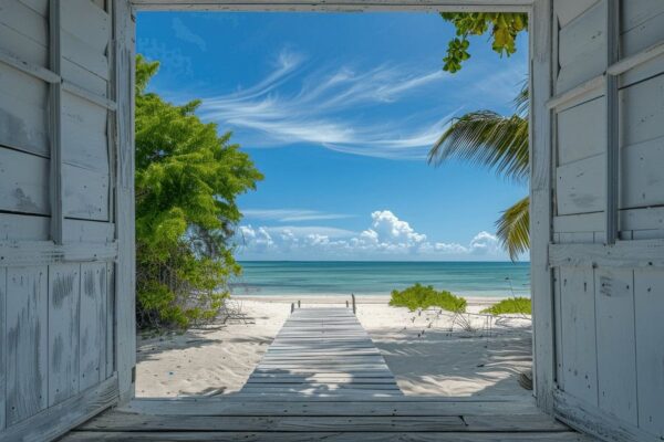 Fensterblick auf tropischen Strand