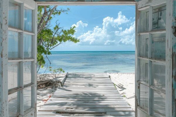 Fensterblick auf tropischen Strand