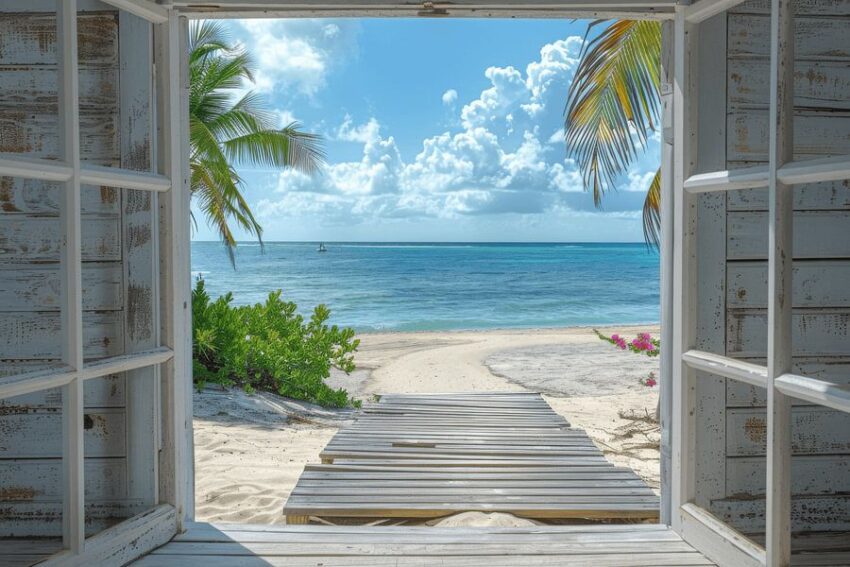 Fensterblick auf tropischen Strand