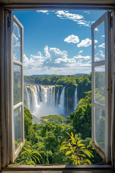 Fensterblick auf Wasserfall