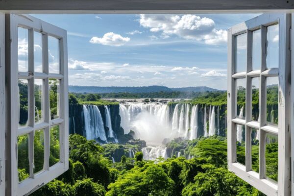 Fensterblick auf Wasserfall