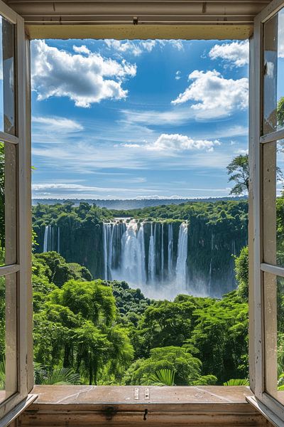 Fensterblick auf Wasserfall