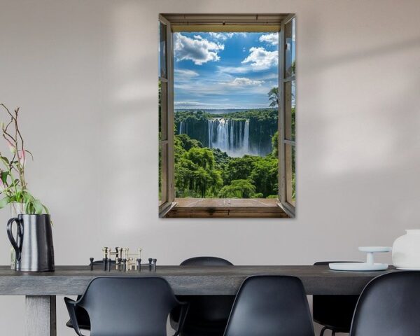 Fensterblick auf Wasserfall