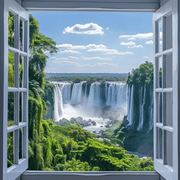 Fensterblick auf Wasserfall