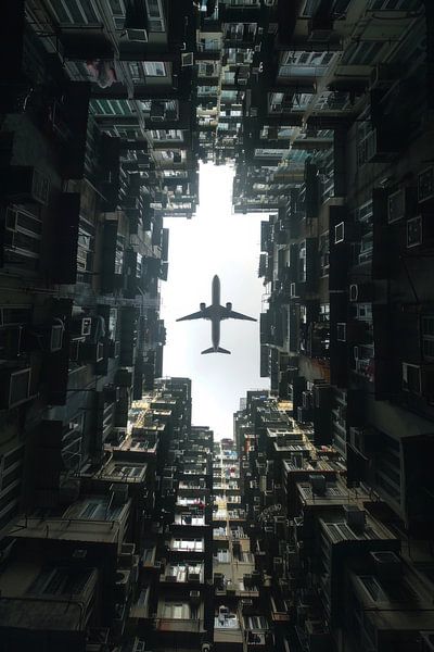 Flugzeug über der Stadtlandschaft