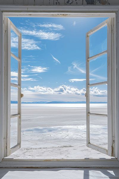 Salzsee-Landschaft durchs Fenster