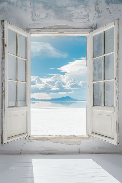 Salzsee-Landschaft durchs Fenster