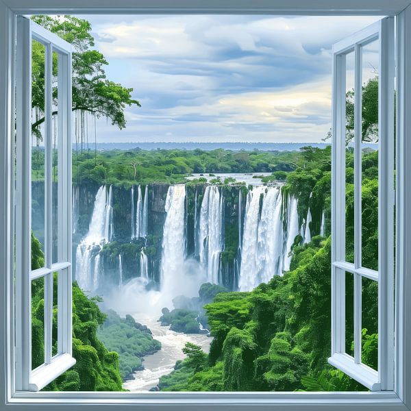 Wasserfall-Landschaft durchs Fenster