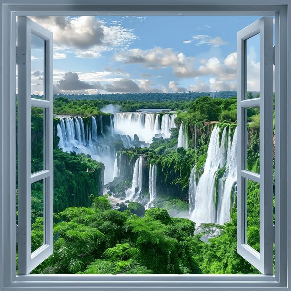 Wasserfall-Landschaft durchs Fenster