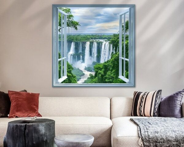 Wasserfall-Landschaft durchs Fenster