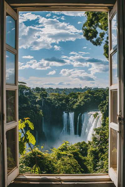 Wasserfall-Landschaft durchs Fenster