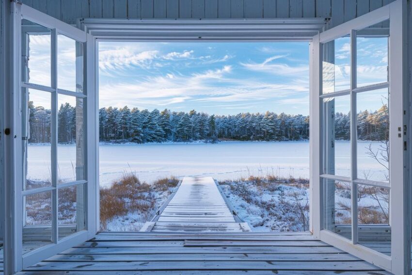 Winterlandschaft durch Fenster