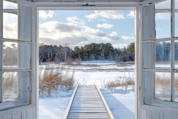 Winterlandschaft durch Fenster