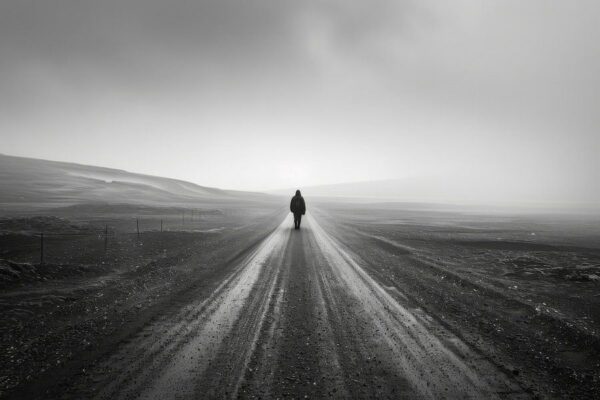 Einsamer Wanderer – Schwarz-Weiß-Fotografie einer endlosen Straße