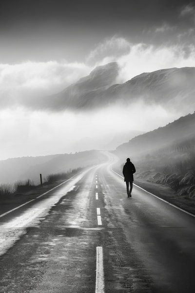 Einsamer Wanderer – Schwarz-Weiß-Fotografie einer endlosen Straße