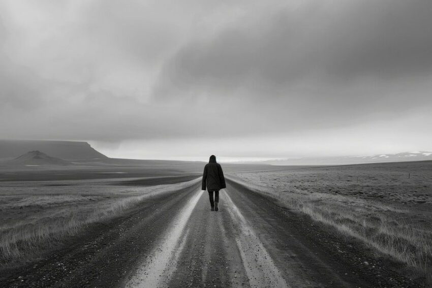 Einsamer Wanderer – Schwarz-Weiß-Fotografie einer endlosen Straße