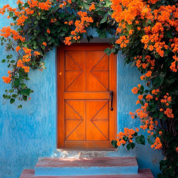 Blühende Tür in Blau und Orange