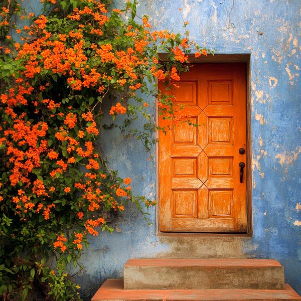 Blühende Tür in Blau und Orange