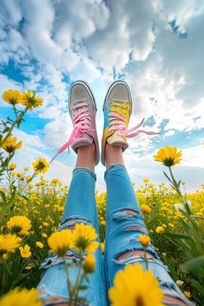 Bunte Sneaker im Blumenfeld