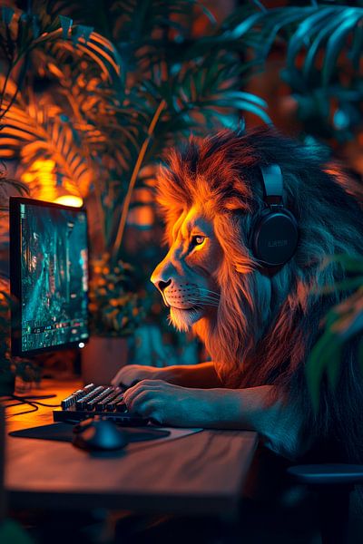 Der spielende Löwe am Computer