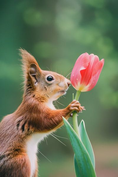 Eichhörnchen betrachtet rosa Tulpe im Garten