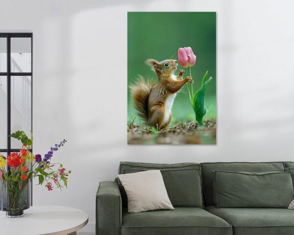 Eichhörnchen erforscht zarte Tulpe