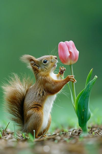 Eichhörnchen erforscht zarte Tulpe