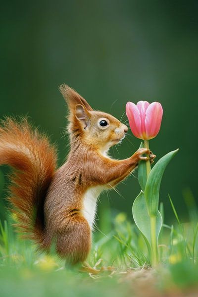 Eichhörnchen genießt den Duft der rosa Tulpe