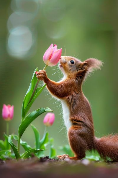 Eichhörnchen schnuppert neugierig an rosa Tulpe