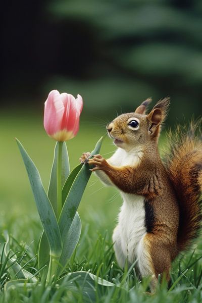 Eichhörnchen umarmt rosa Tulpe im Frühlingswald