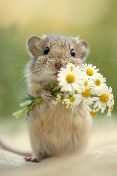 Eine süße Maus mit Blumenstrauß