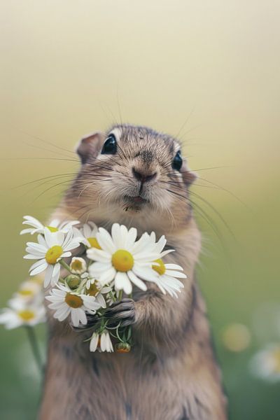 Fröhliches Tier mit Blumenstrauß