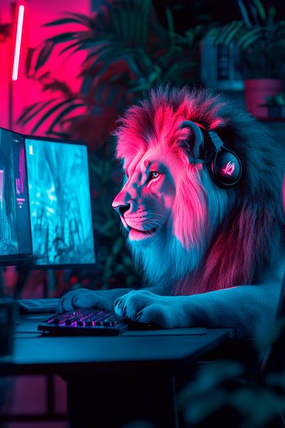 Gaming-Löwe in neonfarbener Nacht