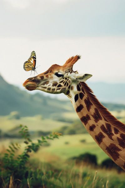 Giraffe trifft Schmetterling in der Natur