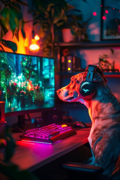 Hund am Gaming-PC im Lichtspiel