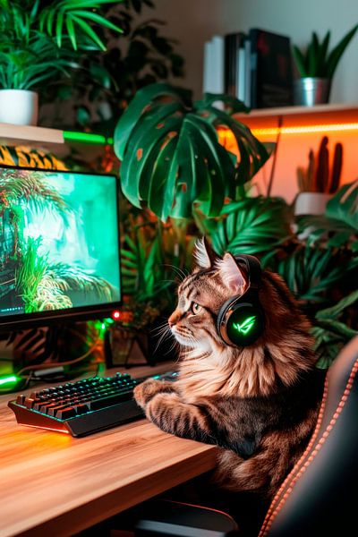 Katze im Gamer-Style am PC