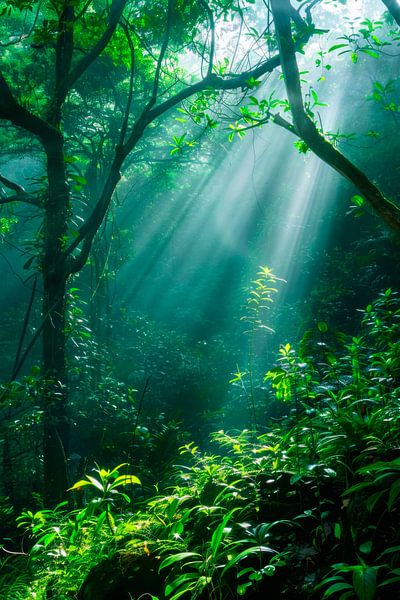 Lichtstrahlen im grünen Wald