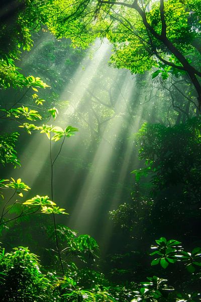 Lichtstrahlen im grünen Wald