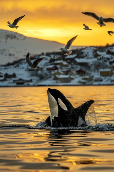 Orca im goldenen Sonnenuntergang