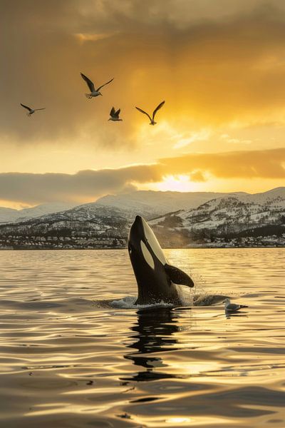 Orca im goldenen Sonnenuntergang