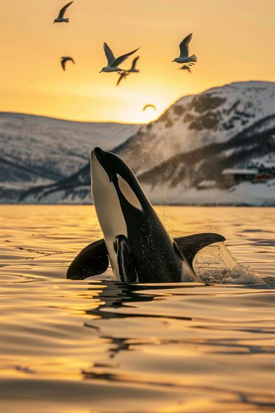 Orca im goldenen Sonnenuntergang