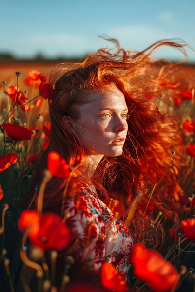 Rote Blüten und goldene Haare